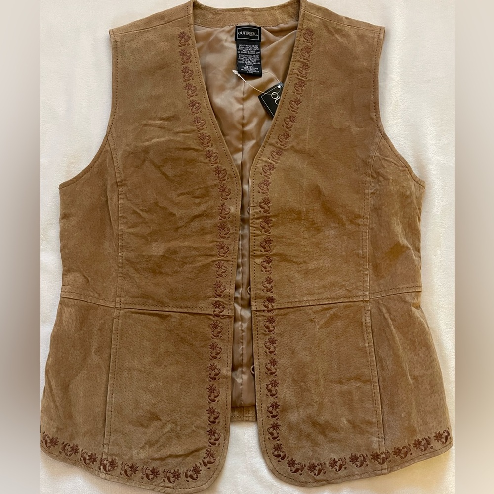 Outbrook‎ Tan Light Brown Real Leather Vest with Floral Embroidery New with Tags
